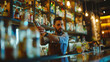 A bartender shakes a cocktail in a bar