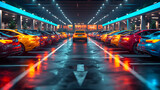 Fototapeta Perspektywa 3d - Parking lot with cars and lights at night. Automobile parking area. 3d rendering