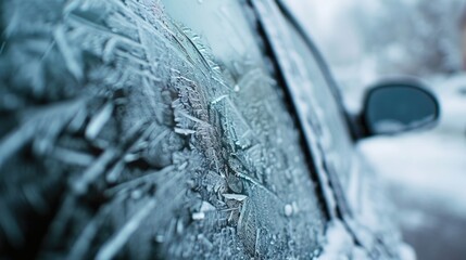 Wall Mural - Close-up view of a car window completely covered in ice. Suitable for illustrating winter weather conditions or the need for ice scraping on vehicles