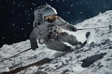 Wall Mural - an image of a man in an astronaut suit skiing down a hill. suitable for science fiction or adventure