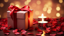 A Romantic Gift Present Box With Red Bow In A Dreamy Atmosphere With Rose Petals And Soft Candlelight Blurred Golden Bokeh. Love Concept