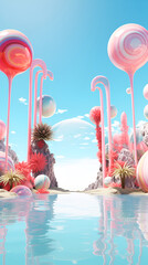  Surreal summer holiday and travel background for design using acid colors, sea voyage. Banner for design.