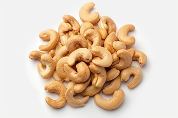 Poster - A pile of cashews on a white surface. Perfect for use in food and snack-related projects