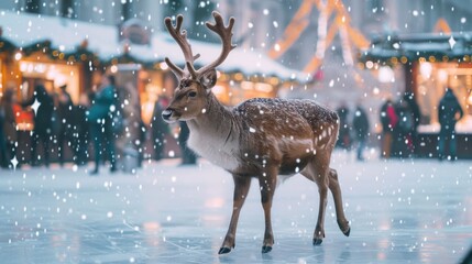 Canvas Print - A deer stands in the middle of a snow-covered street. Perfect for winter-themed designs and nature illustrations