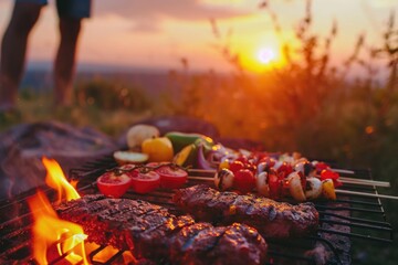 Wall Mural - A grill with meat and vegetables cooking on it. Perfect for barbecues and outdoor cooking