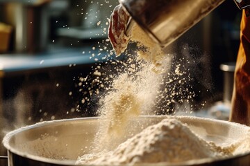 Poster - A person pouring flour into a metal bowl. Can be used for cooking and baking projects