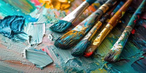 Sticker - A close-up view of a bunch of paint brushes. Perfect for artists, art supplies, or creative projects