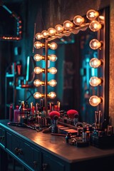 Wall Mural - A vanity with a mirror and an assortment of makeup products. Perfect for beauty and self-care related content