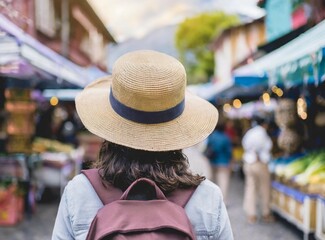 Poster - Woman tourist walk at Asian street market