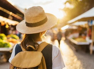 Poster - Woman tourist walk at Asian street market