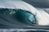 Fototapeta  - Skilled surfer conquers massive wave with a big board. Generative AI