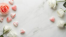 Valentine's Day Decorated Flatlay Background For Text With Rose Flowers, Cookies, And Candy