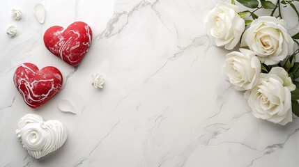 Valentine's Day decorated flatlay background for text with rose flowers, cookies, and candy