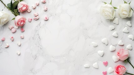 Valentine's Day decorated flatlay background for text with rose flowers, cookies, and candy