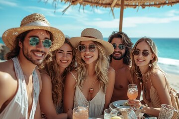 Wall Mural - Group of friends in hats and sunglasses having fun drinking and eating something on the beach