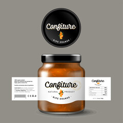 Wall Mural - 
Ripe Orange confiture. Sweet food. White label with fruit and letters. Mock up of glass jar with label.