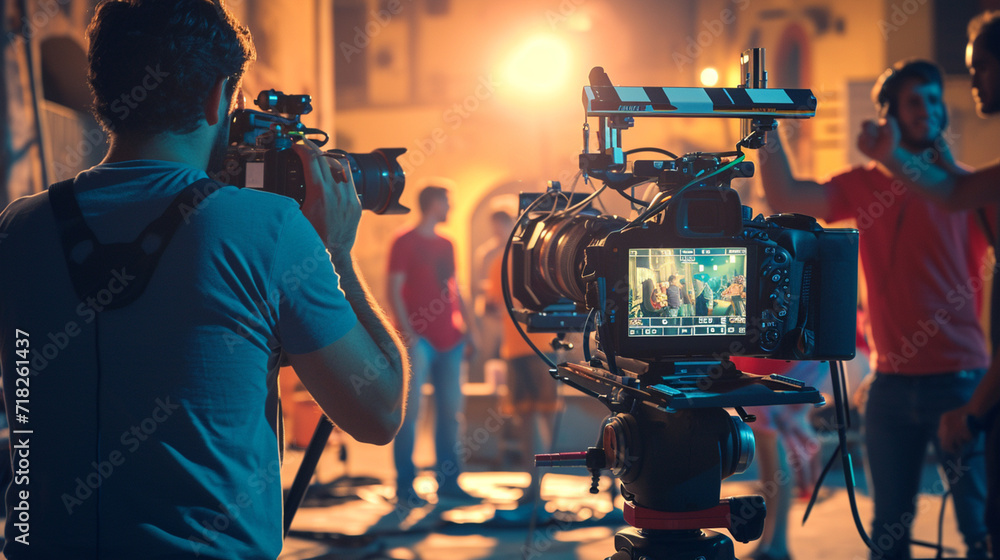 Actor Taking Direction Film Director, A film director on a movie set, giving directions to ...