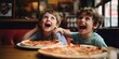 © Irina Ukrainets - Two joyful children laughing in a pizzeria, sharing a delicious pizza. moments of happiness captured. AI