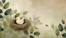 Photo Wallpaper With Birds In A Nest On A Textured Background In Leaves In Light Colors In A Pastel Style