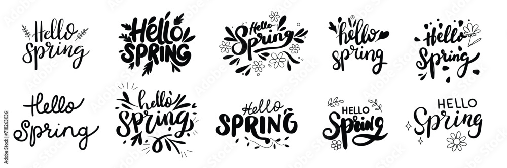 Hello Spring collection text banner. Handwriting Hello Spring set ...
