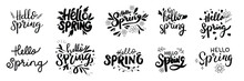 Hello Spring Collection Text Banner. Handwriting Hello Spring Set Lettering. Hand Drawn Vector Art
