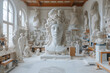 A sculptor's studio with clay sculptures and sculpting tools. Created with generative AI.