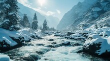 Winter Mountain Frozen River In The Snow. Created With Generative Ai Technology.
