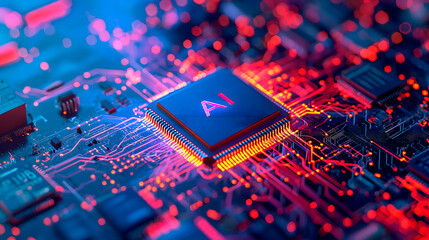 Circuitos electrónico con un procesador con el texto AI 

