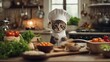 chef preparing food A humorous scene of a kitten with a tiny chef s hat and apron,  cooking in a miniature kitchen,  