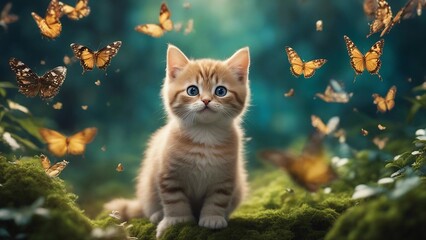 cat on the meadow A spirited kitten with a cheeky smile, surrounded by a swarm of friendly butterflies,  