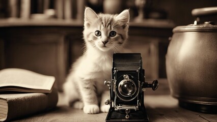 Wall Mural - black and white cat An inquisitive kitten with bright, attentive eyes, posing next to an antique camera on a wooden table