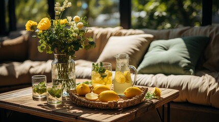 Idyllic summer picnic by the water with a variety of snacks, bread and jam on a wooden table. Concept: seasonal events and outdoor cooking, catering