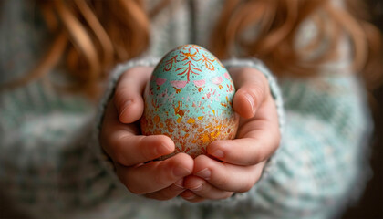 Wall Mural - The hands of a little girl holding painted Easter egg front view, Happy Easter Holiday design decorated egg with beautiful colorful details