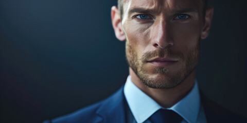 A middle aged businessman in a blue suit posing with stern expression