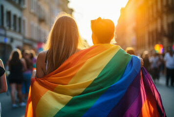 A couple of girls wrapped in a rainbow flag at a demonstration