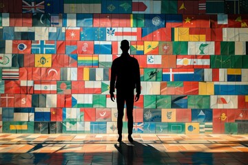 Wall Mural - figure of human refugee with suitcases coloring with different world flags of countries