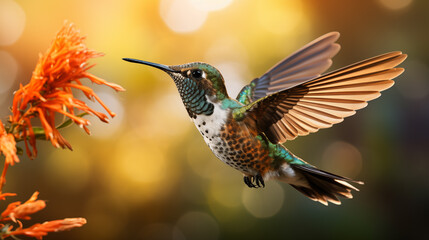 Wall Mural - Hummingbird in flight. Flying hummingbird with green forest in background. Small colorful bird in flight.