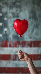 Canvas Print - A person holding a red heart shaped balloon in front of an american flag, AI