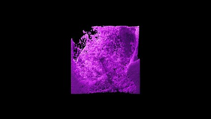 Wall Mural - 3D purple abstract art video animation featuring a surreal chrome cube created from moving aluminum particles resembling a water wave on a black background.