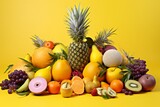 Fototapeta Kuchnia - Assortment of vibrant tropical fruits, neatly arranged on a clean surface, in the style of light yellow and light orange
