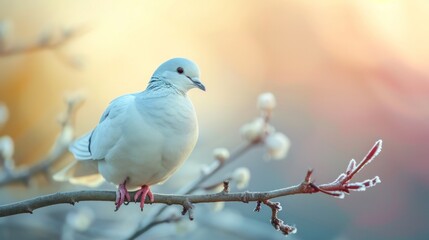 Canvas Print - A white bird perched on a branch with some flowers, AI