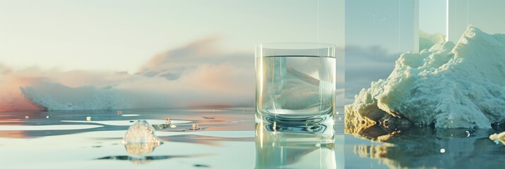 Canvas Print - A glass of water sitting on top of a body of liquid, AI