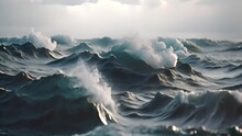 Powerful Storm On The Ocean. Foamy Sea Waves Rolling And Splashing Over Water Surface Against Cloudy Blue Gray Dramatic Sky Sea
