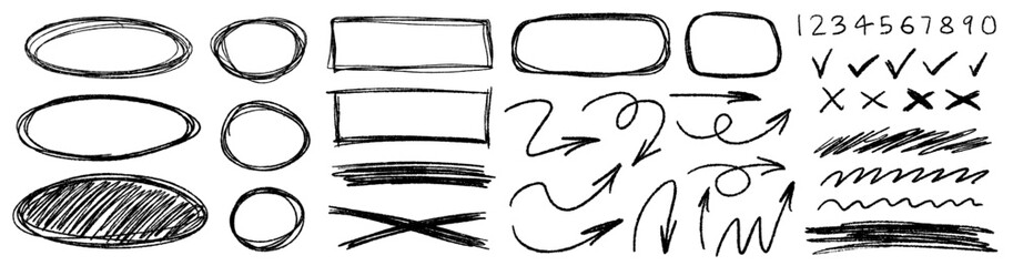 Wall Mural - grunge charcoal scribble stripes, freehand numbers, emphasis arrows, hand-drawn doodle squiggles, ch