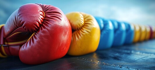 Canvas Print - Close up of red, yellow, and blue boxing gloves in a row. Blurred background. Conveys readiness for physical training. Concept of Sports, Competition, Fitness.