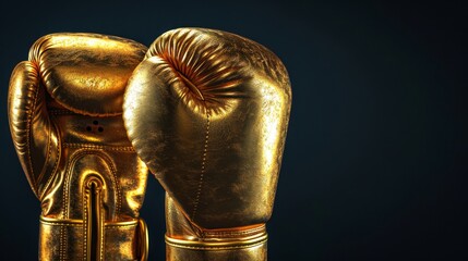 Wall Mural - Pair of golden boxing gloves reflecting light against dark background. Concept of victory and success in sports, excellence and prestige in combat sports, the allure of high-end sports equipment