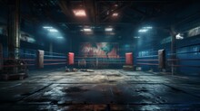 Boxing Ring Illuminated By Blue Lights With A Hazy Atmosphere. Concept Of Boxing, Sports Ring, Sports Events, Competition, Combat Sports