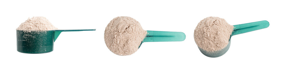 Group of whey or soy protein powder in a plastic measuring spoon, collage isolated on transparent background