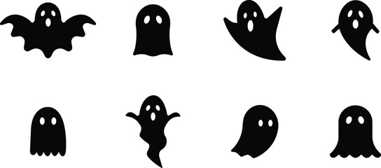 Wall Mural - Ghost spooky character icon set isolated on transparent Background. Ghost flat vector collection Emotion Variation. Creepy horror images. Doodle cute ghosts Halloween. Scary ghostly monsters.