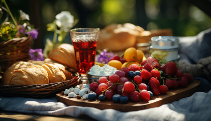 Canvas Print - Fresh fruit picnic on a wooden table, enjoying nature bounty generated by AI